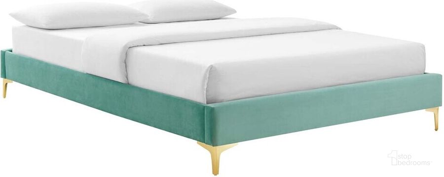 The appearance of Sutton King Performance Velvet Bed Frame In Mint designed by Modway in the modern / contemporary interior design. This mint piece of furniture  was selected by 1StopBedrooms from Sutton Collection to add a touch of cosiness and style into your home. Sku: MOD-6307-MIN. Product Type: Bed Frame. Bed Size: King. Material: MDF. Image1