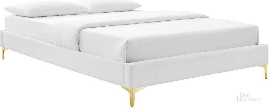 The appearance of Sutton King Performance Velvet Bed Frame In White designed by Modway in the modern / contemporary interior design. This white piece of furniture  was selected by 1StopBedrooms from Sutton Collection to add a touch of cosiness and style into your home. Sku: MOD-6307-WHI. Product Type: Bed Frame. Bed Size: King. Material: MDF. Image1