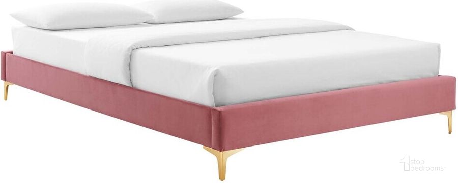 The appearance of Sutton Queen Performance Velvet Bed Frame In Dusty Rose designed by Modway in the modern / contemporary interior design. This dusty rose piece of furniture  was selected by 1StopBedrooms from Sutton Collection to add a touch of cosiness and style into your home. Sku: MOD-6275-DUS. Product Type: Bed Frame. Bed Size: Queen. Material: MDF. Image1