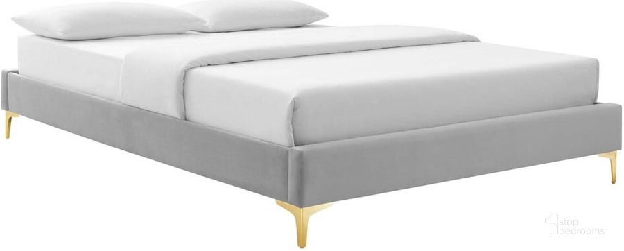 The appearance of Sutton Queen Performance Velvet Bed Frame In Light Gray designed by Modway in the modern / contemporary interior design. This light gray piece of furniture  was selected by 1StopBedrooms from Sutton Collection to add a touch of cosiness and style into your home. Sku: MOD-6275-LGR. Product Type: Bed Frame. Bed Size: Queen. Material: MDF. Image1
