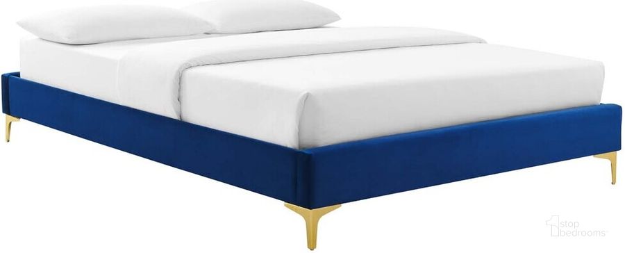 The appearance of Sutton Queen Performance Velvet Bed Frame In Navy designed by Modway in the modern / contemporary interior design. This navy piece of furniture  was selected by 1StopBedrooms from Sutton Collection to add a touch of cosiness and style into your home. Sku: MOD-6275-NAV. Product Type: Bed Frame. Bed Size: Queen. Material: MDF. Image1