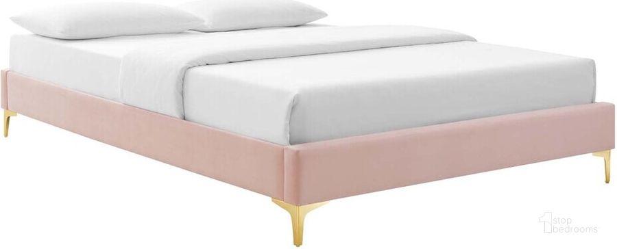 The appearance of Sutton Queen Performance Velvet Bed Frame In Pink designed by Modway in the modern / contemporary interior design. This pink piece of furniture  was selected by 1StopBedrooms from Sutton Collection to add a touch of cosiness and style into your home. Sku: MOD-6275-PNK. Product Type: Bed Frame. Bed Size: Queen. Material: MDF. Image1