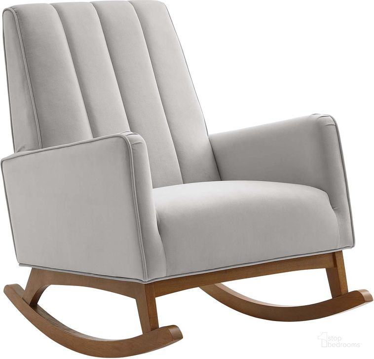 The appearance of Sway Performance Velvet Rocking Chair EEI-4456-LGR designed by Modway in the modern / contemporary interior design. This light gray piece of furniture  was selected by 1StopBedrooms from Sway Collection to add a touch of cosiness and style into your home. Sku: EEI-4456-LGR. Product Type: Chair. Material: MDF. Image1