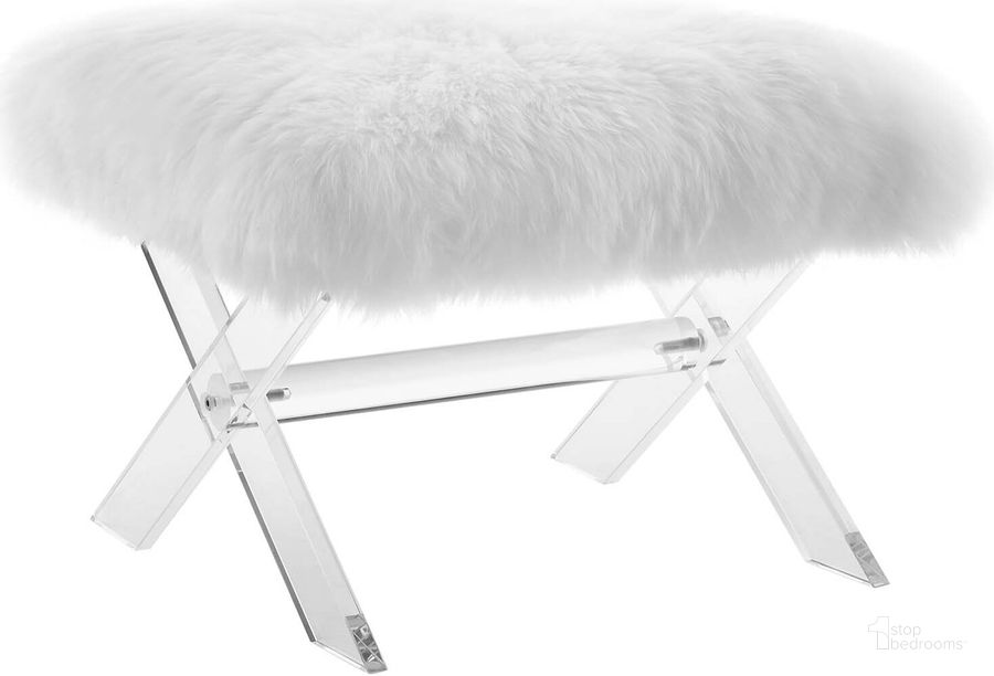 The appearance of Swift White Sheepskin Bench designed by Modway in the modern / contemporary interior design. This white piece of furniture  was selected by 1StopBedrooms from Swift Collection to add a touch of cosiness and style into your home. Sku: EEI-2843-CLR-WHI. Product Type: Bench. Material: Acrylic. Image1