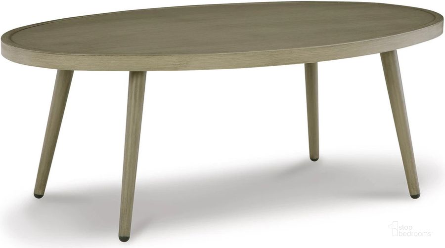 The appearance of Swiss Valley Beige Oval Cocktail Table designed by Signature Design by Ashley in the transitional interior design. This beige piece of furniture  was selected by 1StopBedrooms from Swiss Valley Collection to add a touch of cosiness and style into your home. Sku: P390-700. Material: Metal. Product Type: Outdoor Table. Image1