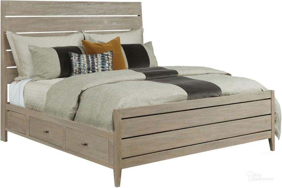 The appearance of Symmetry Sand Incline Oak Queen Storage Panel Bed With High Footboard designed by Kincaid in the transitional interior design. This beige piece of furniture  was selected by 1StopBedrooms from Symmetry Collection to add a touch of cosiness and style into your home. Sku: 939-315P. Bed Type: Storage Bed. Material: Wood. Product Type: Storage Bed. Bed Size: Queen.