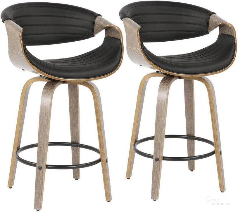 The appearance of Symphony 26 Inch Mid Century Modern Fixed Height Counter Stool With Swivel In Light Grey Wood And Black Faux Leather Set Of 2 designed by Lumisource in the transitional interior design. This light grey piece of furniture  was selected by 1StopBedrooms from Curvo Collection to add a touch of cosiness and style into your home. Sku: B26-SYMP2-SWVQ LGYBK2. Material: Wood. Product Type: Barstool. Image1