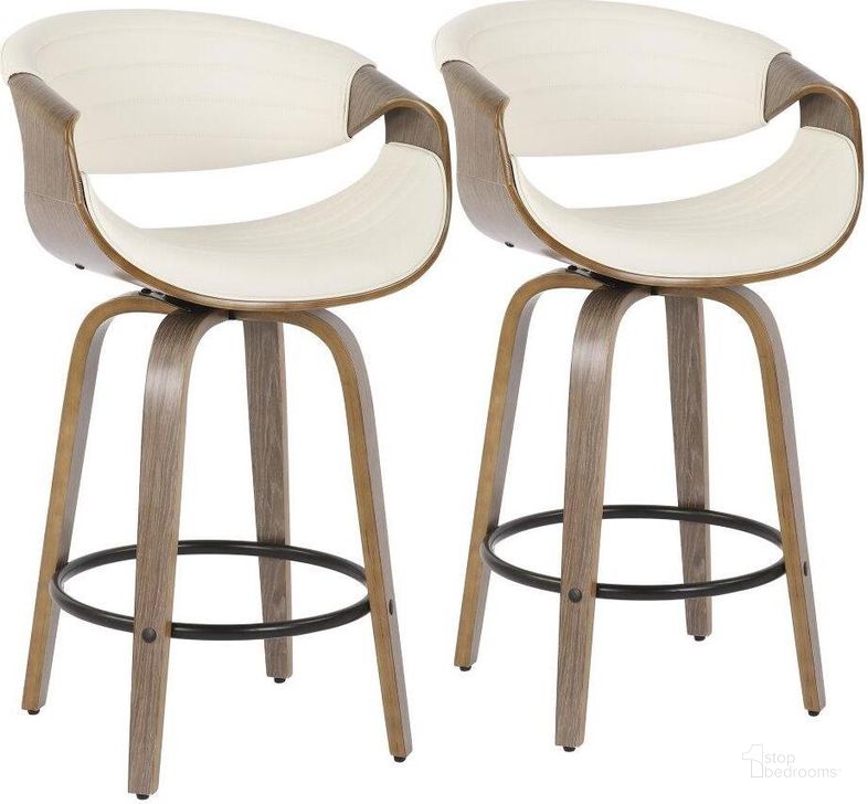 The appearance of Symphony Mid-Century Modern Counter Stool In Light Grey Wood And White Faux Leather - Set Of 2 designed by Lumisource in the transitional interior design. This light grey piece of furniture  was selected by 1StopBedrooms from Curvo Collection to add a touch of cosiness and style into your home. Sku: B26-SYMP2-SWVQ LGYW2. Product Type: Barstool. Material: PU. Image1