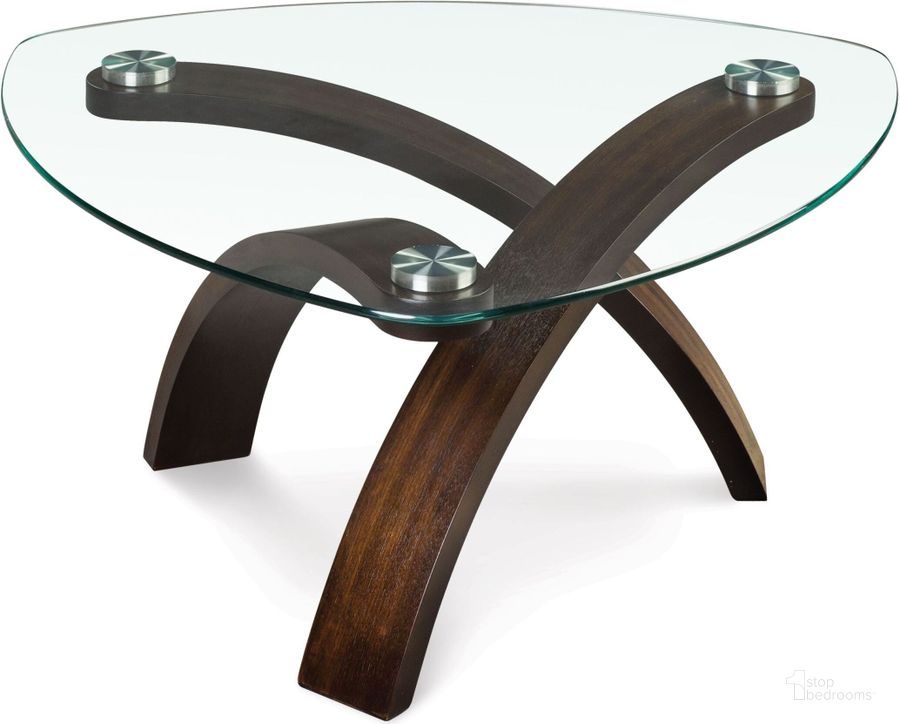 The appearance of Allure Pie Shaped Cocktail Table designed by Magnussen in the modern / contemporary interior design. This brown piece of furniture  was selected by 1StopBedrooms from Allure Collection to add a touch of cosiness and style into your home. Sku: T1396-65T;T1396-65B. Table Top Shape: Triangular. Material: Glass. Product Type: Cocktail Table. Image1