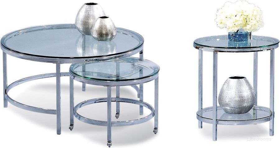 The appearance of Patinoire Polished Chrome Round Occasional Table Set With Casters designed by Bassett Mirror Company in the modern / contemporary interior design. This silver piece of furniture  was selected by 1StopBedrooms from Patinoire Collection to add a touch of cosiness and style into your home. Sku: T1792-120CEC;T1792-220EC. Table Top Shape: Round. Material: Glass. Product Type: Occasional Table Set. Image1