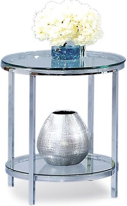 The appearance of Patinoire Polished Chrome Round End Table designed by Bassett Mirror Company in the modern / contemporary interior design. This silver piece of furniture  was selected by 1StopBedrooms from End Tables Collection to add a touch of cosiness and style into your home. Sku: T1792-220EC. Table Top Shape: Round. Material: Glass. Product Type: End Table.