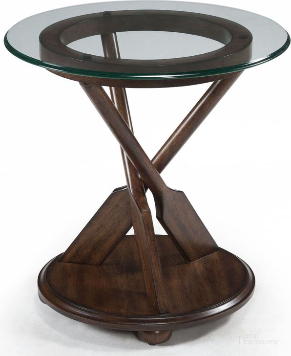 The appearance of Beaufort Round End Table designed by Magnussen in the traditional interior design. This brown piece of furniture  was selected by 1StopBedrooms from Beaufort Collection to add a touch of cosiness and style into your home. Sku: T2214-05T;T2214-05B. Table Top Shape: Triangular. Material: Glass. Product Type: End Table. Image1