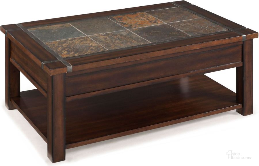 The appearance of Roanoke Rectangular Lift Top Casters Cocktail Table designed by Magnussen in the transitional interior design. This brown piece of furniture  was selected by 1StopBedrooms from Roanoke Collection to add a touch of cosiness and style into your home. Sku: T2615-50. Product Type: Cocktail Table. Material: Stone. Table Top Shape: Rectangular. Image1