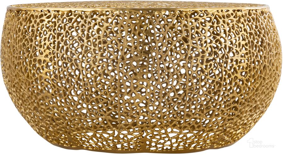The appearance of T3502-32 Round Coffee Table In Gold designed by Galaxy Home Furnishings in the modern / contemporary interior design. This gold piece of furniture  was selected by 1StopBedrooms from T3502-32 Collection to add a touch of cosiness and style into your home. Sku: 601955552240. Product Type: Coffee Table. Material: Aluminium. Image1