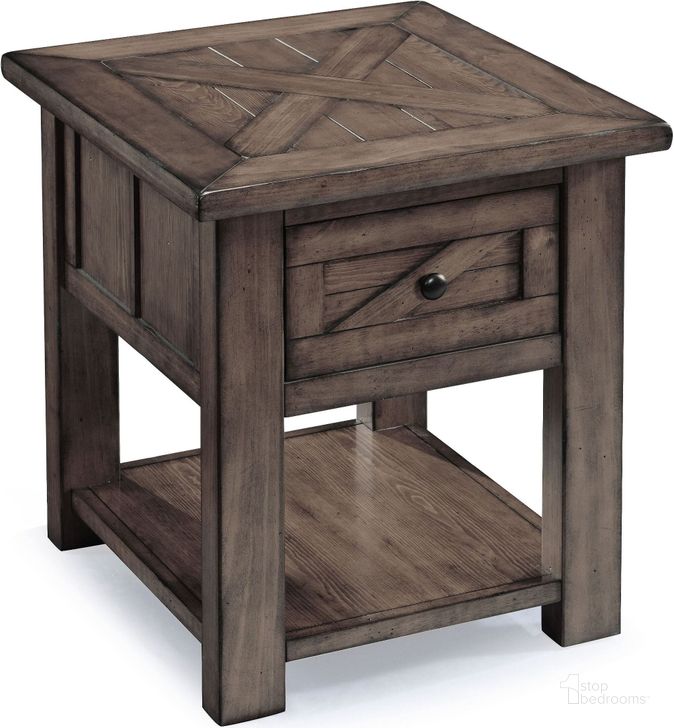 The appearance of Garrett Weathered Charcoal Wood Rectangular End Table designed by Magnussen in the modern / contemporary interior design. This brown piece of furniture  was selected by 1StopBedrooms from Garrett Collection to add a touch of cosiness and style into your home. Sku: T3778-03. Material: Wood. Product Type: End Table. Table Top Shape: Rectangular. Image1