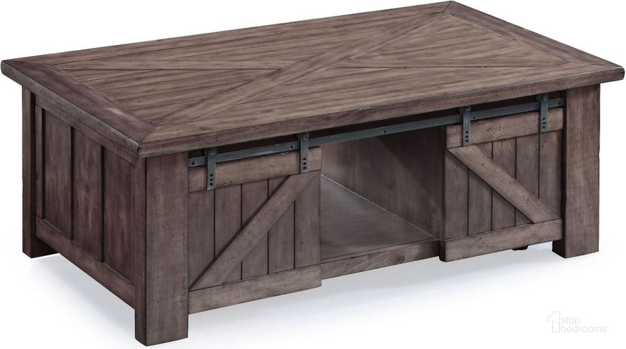 The appearance of Garrett Weathered Charcoal Wood Rectangular Casters Lift-Top Cocktail Table designed by Magnussen in the modern / contemporary interior design. This brown piece of furniture  was selected by 1StopBedrooms from Garrett Collection to add a touch of cosiness and style into your home. Sku: T3778-50. Material: Wood. Product Type: Cocktail Table. Table Top Shape: Rectangular. Image1