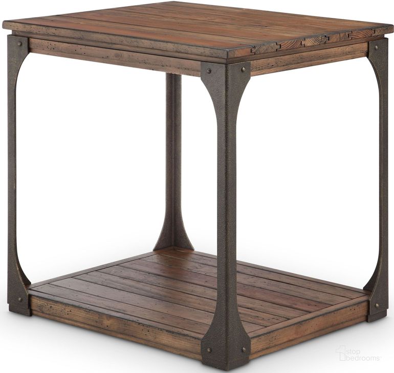 The appearance of Montgomery Bourbon and Aged Iron Rectangular End Table designed by Magnussen in the industrial interior design. This brown piece of furniture  was selected by 1StopBedrooms from Montgomery Collection to add a touch of cosiness and style into your home. Sku: T4112-03. Material: Wood. Product Type: End Table. Table Top Shape: Rectangular. Image1