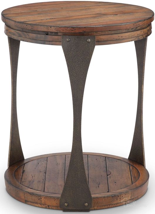 The appearance of Montgomery Bourbon and Aged Iron Round End Table designed by Magnussen in the industrial interior design. This brown piece of furniture  was selected by 1StopBedrooms from Montgomery Collection to add a touch of cosiness and style into your home. Sku: T4112-05. Table Top Shape: Round. Material: Wood. Product Type: End Table. Image1