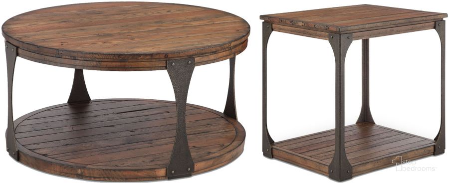 The appearance of Montgomery Bourbon And Aged Iron Round Occasional Table Set designed by Magnussen in the industrial interior design. This brown piece of furniture  was selected by 1StopBedrooms from Montgomery Collection to add a touch of cosiness and style into your home. Sku: T4112-45;T4112-03. Table Top Shape: Round. Material: Wood. Product Type: Occasional Table Set. Image1