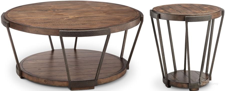 The appearance of Yukon Bourbon And Aged Iron Round Occasional Table Set designed by Magnussen in the transitional interior design. This brown piece of furniture  was selected by 1StopBedrooms from Yukon Collection to add a touch of cosiness and style into your home. Sku: T4405-45;T4405-05. Table Top Shape: Round. Material: Wood. Product Type: Occasional Table Set. Image1