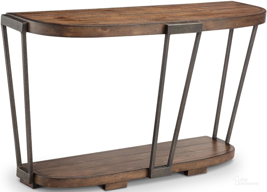 The appearance of Yukon Bourbon and Aged Iron Demilune Sofa Table designed by Magnussen in the transitional interior design. This brown piece of furniture  was selected by 1StopBedrooms from Yukon Collection to add a touch of cosiness and style into your home. Sku: T4405-75. Material: Wood. Product Type: Sofa Table. Table Top Shape: Rectangular. Image1