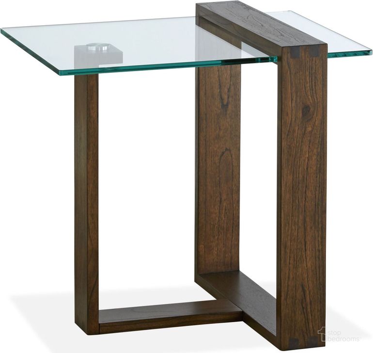 The appearance of Bristow Acorn Glass Rectangular End Table designed by Magnussen in the modern / contemporary interior design. This brown piece of furniture  was selected by 1StopBedrooms from Bristow Collection to add a touch of cosiness and style into your home. Sku: T4527-03T;T4527-03B. Material: Wood. Product Type: End Table. Image1