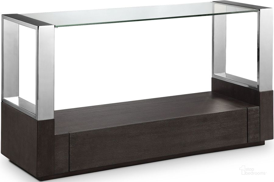 The appearance of Revere Graphite Rectangular Sofa Table designed by Magnussen in the modern / contemporary interior design. This brown piece of furniture  was selected by 1StopBedrooms from Revere Collection to add a touch of cosiness and style into your home. Sku: T4562-73. Material: Wood. Product Type: Sofa Table. Table Top Shape: Rectangular. Image1