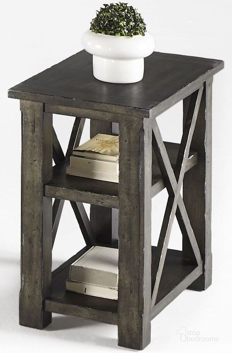 The appearance of Crossroads Smokey Grey Chairside Table designed by Progressive Furniture in the rustic / southwestern interior design. This gray piece of furniture  was selected by 1StopBedrooms from Crossroads Collection to add a touch of cosiness and style into your home. Sku: T550-29. Material: Wood. Product Type: Chairside Table. Table Top Shape: Rectangular. Image1
