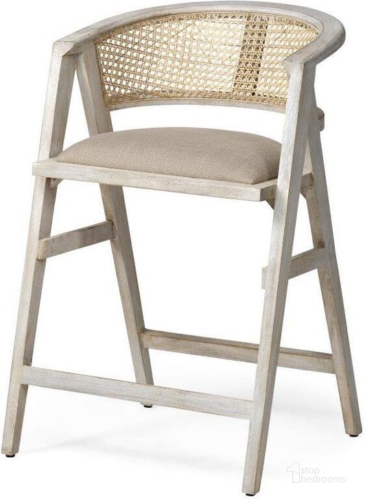 The appearance of Tabitha 26.75 Inch Seat Height Beige Fabric And Rattan Seat Blonde Wood Frame Counter Stool designed by Mercana in the modern / contemporary interior design. This beige piece of furniture  was selected by 1StopBedrooms from Tabitha Collection to add a touch of cosiness and style into your home. Sku: 68496. Material: Wood. Product Type: Barstool. Image1