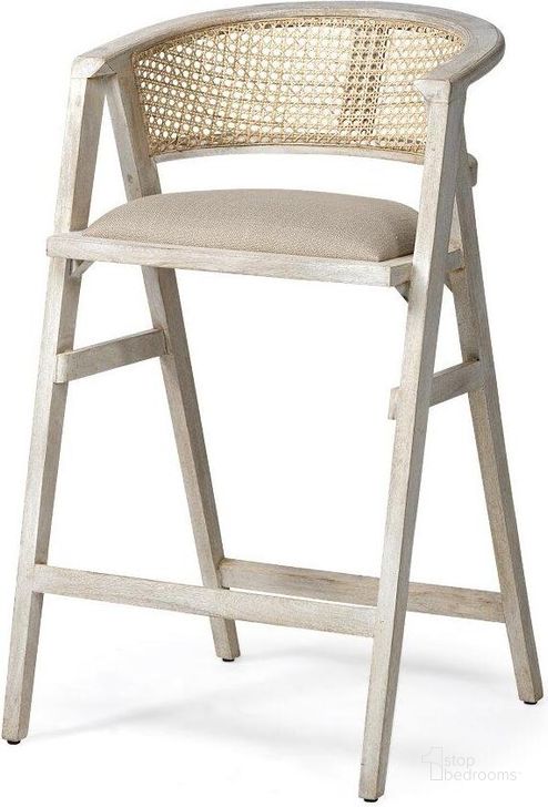 The appearance of Tabitha 30.75 Inch Seat Height Beige Fabric And Rattan Seat Blonde Wood Frame Bar Stool designed by Mercana in the modern / contemporary interior design. This beige piece of furniture  was selected by 1StopBedrooms from Tabitha Collection to add a touch of cosiness and style into your home. Sku: 68497. Material: Wood. Product Type: Barstool. Image1