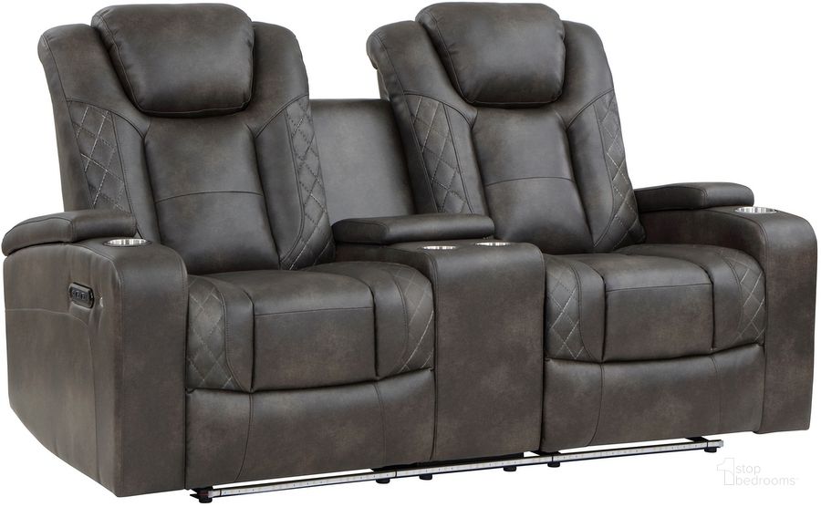 The appearance of Tabor Power Double Reclining Love Seat with Center Console and Power Headrests In Brown and Gray designed by Homelegance in the modern / contemporary interior design. This brown and gray piece of furniture  was selected by 1StopBedrooms from Tabor Collection to add a touch of cosiness and style into your home. Sku: 9211BRG-2PWH. Material: Faux Leather. Product Type: Reclining Loveseat. Image1