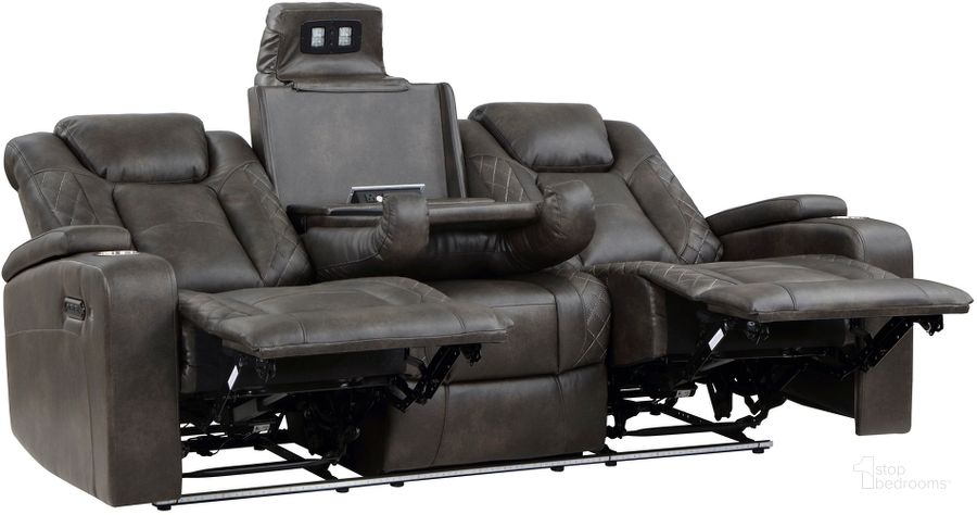 The appearance of Tabor Power Double Reclining Sofa with Power Headrests and Cup Holders In Brown and Gray designed by Homelegance in the modern / contemporary interior design. This brown and gray piece of furniture  was selected by 1StopBedrooms from Tabor Collection to add a touch of cosiness and style into your home. Sku: 9211BRG-3PWH. Material: Faux Leather. Product Type: Reclining Sofa. Image1