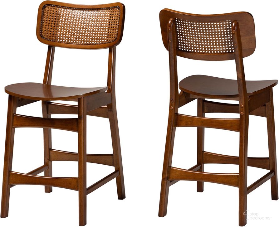 The appearance of Tafari Counter Stool Set of 2 In Walnut Brown Finished Wood and Rattan designed by Baxton Studio in the transitional interior design. This walnut and light brown piece of furniture  was selected by 1StopBedrooms from Tafari Collection to add a touch of cosiness and style into your home. Sku: RH254P-Walnut Rattan/Walnut Bent Seat-PC-2PK. Product Type: Barstool. Material: Rubberwood. Image1