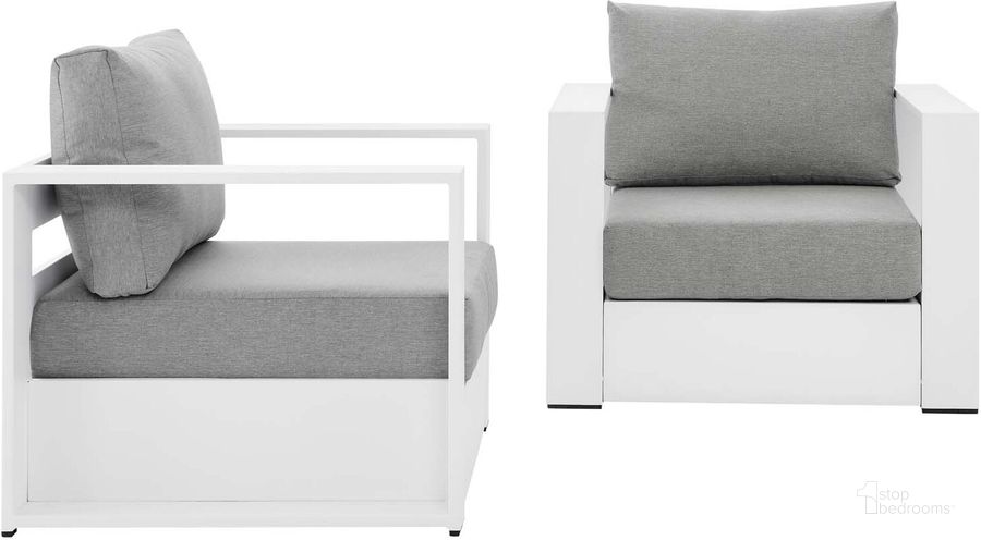 The appearance of Tahoe Outdoor Patio Powder-Coated Aluminum 2-Piece Armchair Set In Grey EEI-5751-WHI-GRY designed by Modway in the modern / contemporary interior design. This white and gray piece of furniture  was selected by 1StopBedrooms from Tahoe Collection to add a touch of cosiness and style into your home. Sku: EEI-5751-WHI-GRY. Material: Aluminium. Product Type: Outdoor Chair. Image1