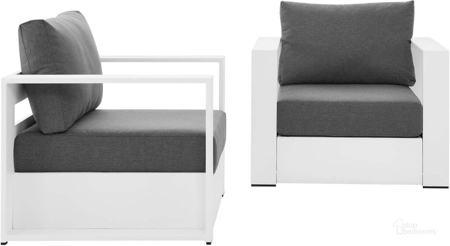 The appearance of Tahoe Outdoor Patio Powder-Coated Aluminum 2-Piece Armchair Set In White Charcoal designed by Modway in the modern / contemporary interior design. This white charcoal piece of furniture  was selected by 1StopBedrooms from Tahoe Collection to add a touch of cosiness and style into your home. Sku: EEI-5751-WHI-CHA. Material: Aluminium. Product Type: Outdoor Chair. Image1