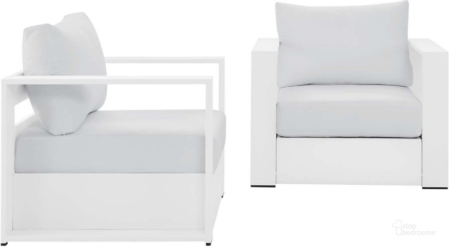 The appearance of Tahoe Outdoor Patio Powder-Coated Aluminum 2-Piece Armchair Set In White designed by Modway in the modern / contemporary interior design. This white piece of furniture  was selected by 1StopBedrooms from Tahoe Collection to add a touch of cosiness and style into your home. Sku: EEI-5751-WHI-WHI. Material: Aluminium. Product Type: Outdoor Chair. Image1