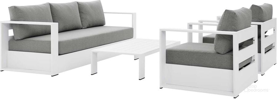 The appearance of Tahoe Outdoor Patio Powder-Coated Aluminum 4-Piece Set In Grey EEI-5749-WHI-GRY designed by Modway in the modern / contemporary interior design. This white and gray piece of furniture  was selected by 1StopBedrooms from Tahoe Collection to add a touch of cosiness and style into your home. Sku: EEI-5749-WHI-GRY. Product Type: Outdoor Set. Material: Aluminium. Image1