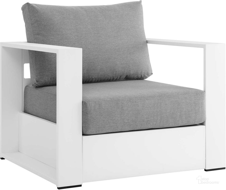 The appearance of Tahoe Outdoor Patio Powder-Coated Aluminum Arm Chair In White And Grey EEI-5675-WHI-GRY designed by Modway in the modern / contemporary interior design. This gray and white piece of furniture  was selected by 1StopBedrooms from Tahoe Collection to add a touch of cosiness and style into your home. Sku: EEI-5675-WHI-GRY. Material: Fabric. Product Type: Arm Chair. Image1