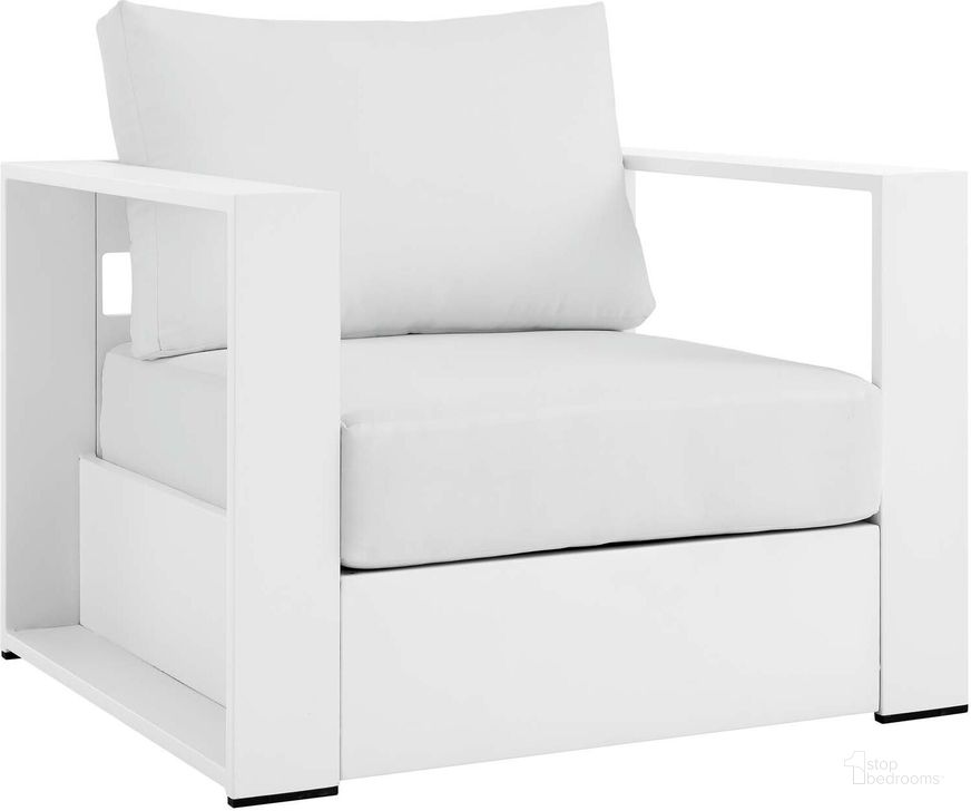 The appearance of Tahoe Outdoor Patio Powder-Coated Aluminum Arm Chair In White White designed by Modway in the modern / contemporary interior design. This white white piece of furniture  was selected by 1StopBedrooms from Tahoe Collection to add a touch of cosiness and style into your home. Sku: EEI-5675-WHI-WHI. Material: Fabric. Product Type: Arm Chair. Image1