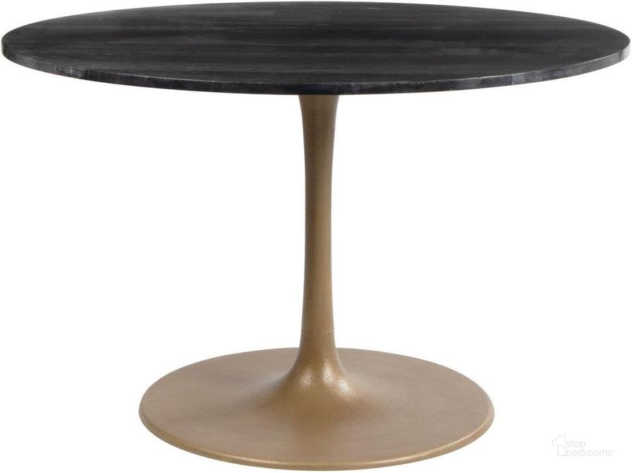 The appearance of Taj Dining Table Black and Gold designed by Zuo Modern in the modern / contemporary interior design. This black and gold piece of furniture  was selected by 1StopBedrooms from Taj Collection to add a touch of cosiness and style into your home. Sku: 109095. Table Base Style: Pedestal. Table Top Shape: Round. Material: Aluminum. Product Type: Dining Table. Size: 47". Image1