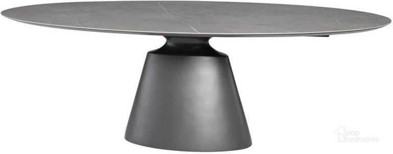 The appearance of Taji Dining Table In Grey designed by Nuevo in the modern / contemporary interior design. This grey piece of furniture  was selected by 1StopBedrooms from Taji Collection to add a touch of cosiness and style into your home. Sku: HGNE324. Table Base Style: Pedestal. Table Top Shape: Oval. Product Type: Dining Table. Material: Ceramic. Size: 46". Image1