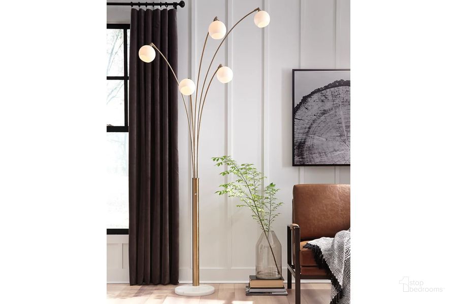 The appearance of Taliya Champagne Metal Arc Lamp (1/CN) designed by Signature Design by Ashley in the modern / contemporary interior design. This champagne/white piece of furniture  was selected by 1StopBedrooms from Taliya Collection to add a touch of cosiness and style into your home. Sku: L725119. Product Type: Lamp. Image1