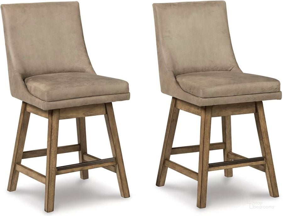 The appearance of Tallenger Beige Counter Height Stool Set Of 2 designed by Signature Design by Ashley in the transitional interior design. This beige piece of furniture  was selected by 1StopBedrooms from Tallenger Collection to add a touch of cosiness and style into your home. Sku: D380-524. Material: Fabric. Product Type: Barstool. Image1