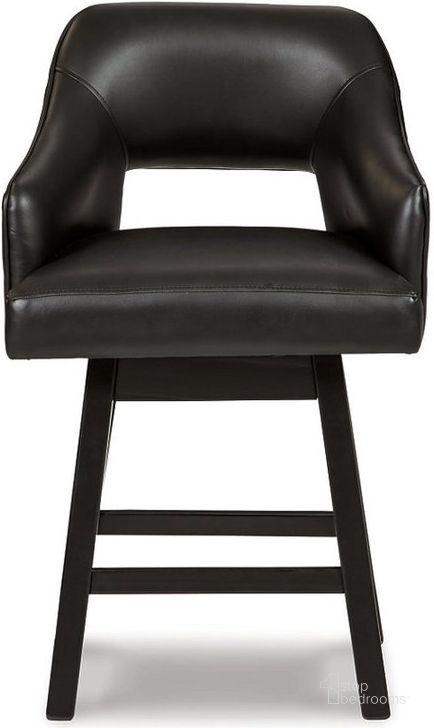 The appearance of Tallenger Black/Dark Brown Upholstered Swivel Barstool Set of 2 designed by Signature Design by Ashley in the transitional interior design. This dark brown and black piece of furniture  was selected by 1StopBedrooms from Tallenger Collection to add a touch of cosiness and style into your home. Sku: D380-924. Material: Fabric. Product Type: Barstool. Image1