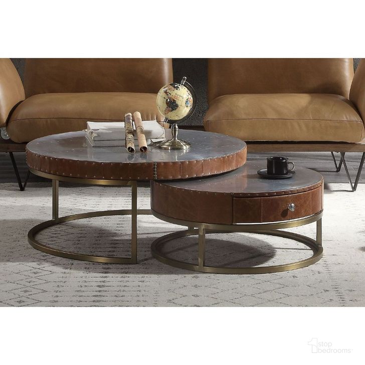 The appearance of Tamas Aluminum and Cocoa Top Grain Leather Coffee Table (Large) designed by ACME in the industrial interior design. This aluminum piece of furniture  was selected by 1StopBedrooms from Tamas Collection to add a touch of cosiness and style into your home. Sku: 84885. Product Type: Coffee Table. Material: Aluminium. Image1