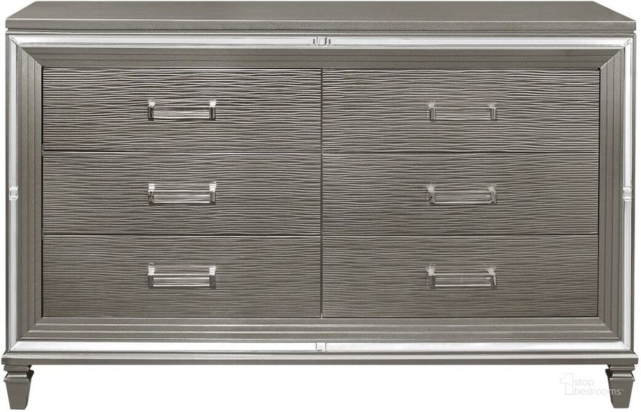 The appearance of Tamsin Silver Gray Metallic Dresser designed by Homelegance in the transitional interior design. This silver piece of furniture  was selected by 1StopBedrooms from Tamsin Collection to add a touch of cosiness and style into your home. Sku: 1616-5. Material: Wood. Product Type: Dresser. Image1