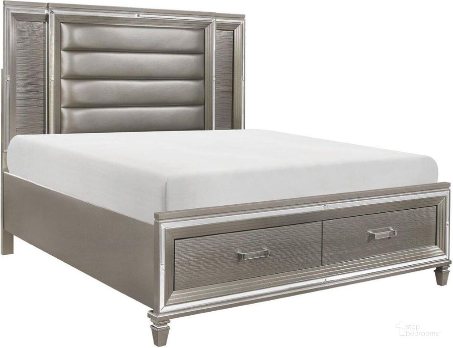 The appearance of Tamsin Silver Gray Metallic King Storage Platform Bed designed by Homelegance in the transitional interior design. This silver piece of furniture  was selected by 1StopBedrooms from Tamsin Collection to add a touch of cosiness and style into your home. Sku: 1616K-1;1616K-2;1616-3. Bed Type: Platform Bed. Product Type: Platform Bed. Bed Size: King. Image1