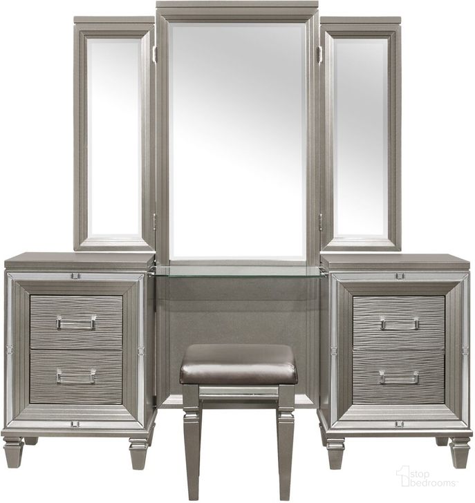 The appearance of Tamsin Silver Gray Metallic Vanity designed by Homelegance in the transitional interior design. This silver piece of furniture  was selected by 1StopBedrooms from Tamsin Collection to add a touch of cosiness and style into your home. Sku: 1616-15R;1616-15L;1616-15M. Product Type: Bedroom Vanity. Image1