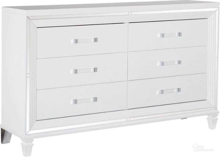 The appearance of Tamsin White Metallic Dresser designed by Homelegance in the transitional interior design. This white piece of furniture  was selected by 1StopBedrooms from Tamsin Collection to add a touch of cosiness and style into your home. Sku: 1616W-5. Material: Wood. Product Type: Dresser. Image1