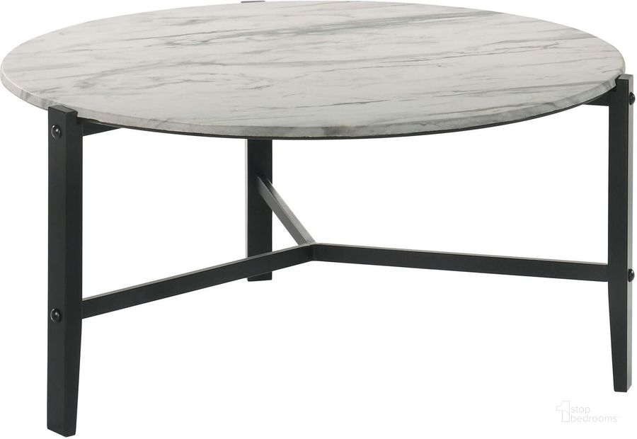 The appearance of Tandi Round Coffee Table In Faux White Marble and Black designed by Coaster in the modern / contemporary interior design. This faux white marble/black piece of furniture  was selected by 1StopBedrooms from Tandi Collection to add a touch of cosiness and style into your home. Sku: 753538. Material: Wood. Product Type: Coffee Table. Image1
